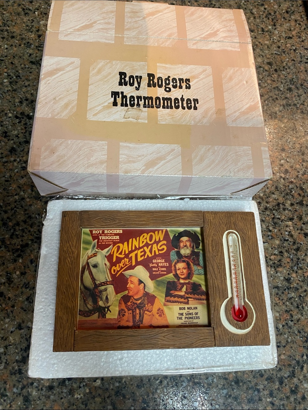 New in Box Roy Rogers Wall Thermometer with Brown Frame